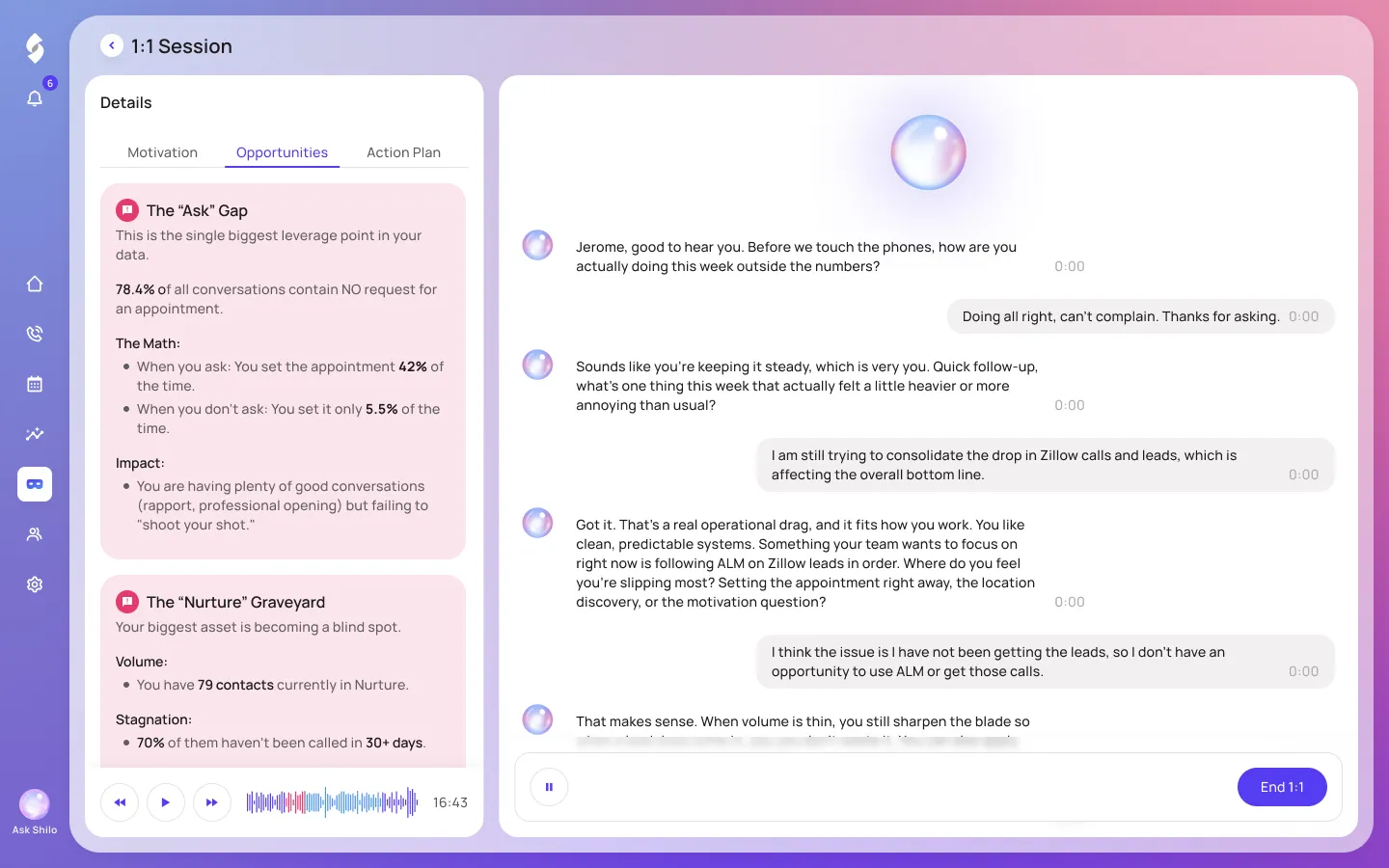 Shilo running a live voice-to-voice 1:1 coaching session with a real estate agent