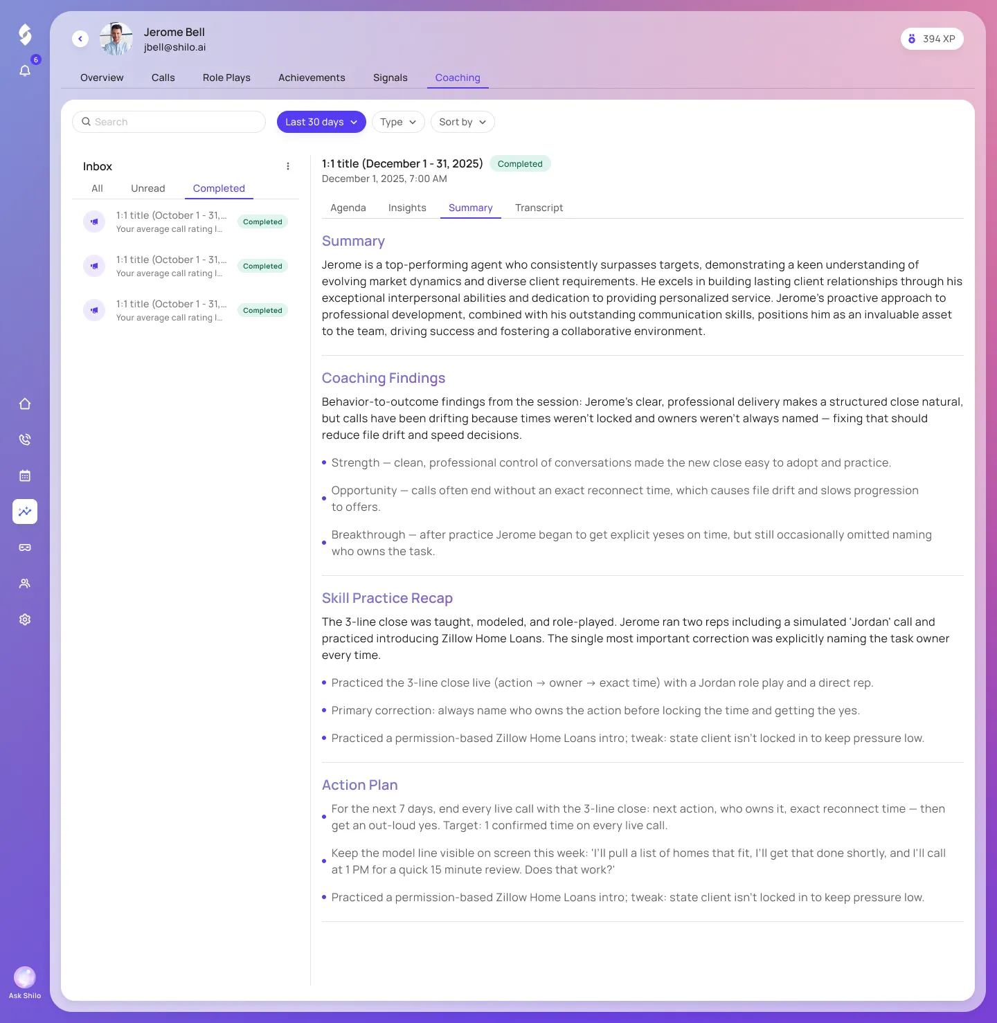 Shilo 1:1 Coaching automatic session summary that carries forward to the next meeting