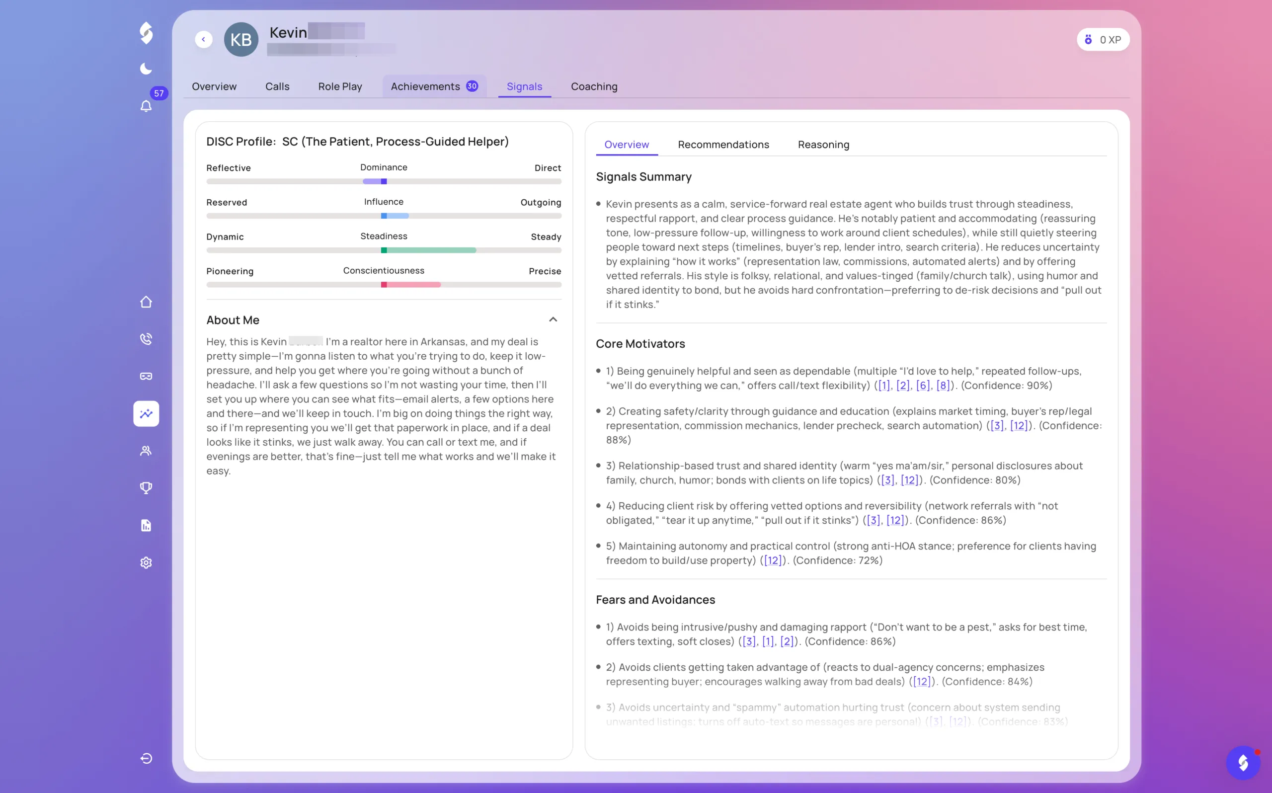 Shilo Signals overview showing DISC personality profile, trait spectrum bars, and core motivations with confidence scores