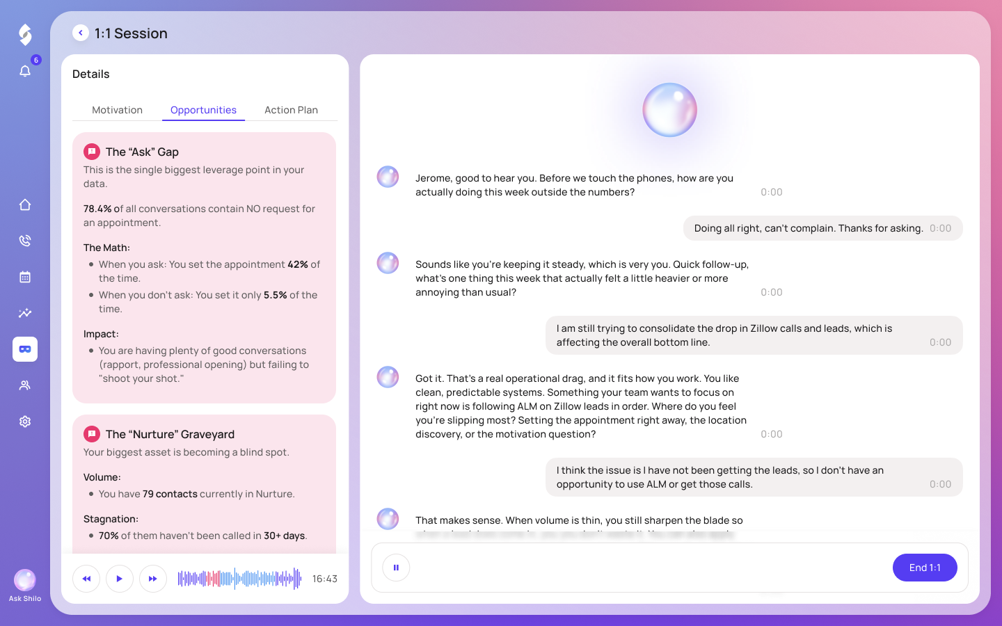 Shilo running a live voice-to-voice 1:1 coaching session with a real estate agent