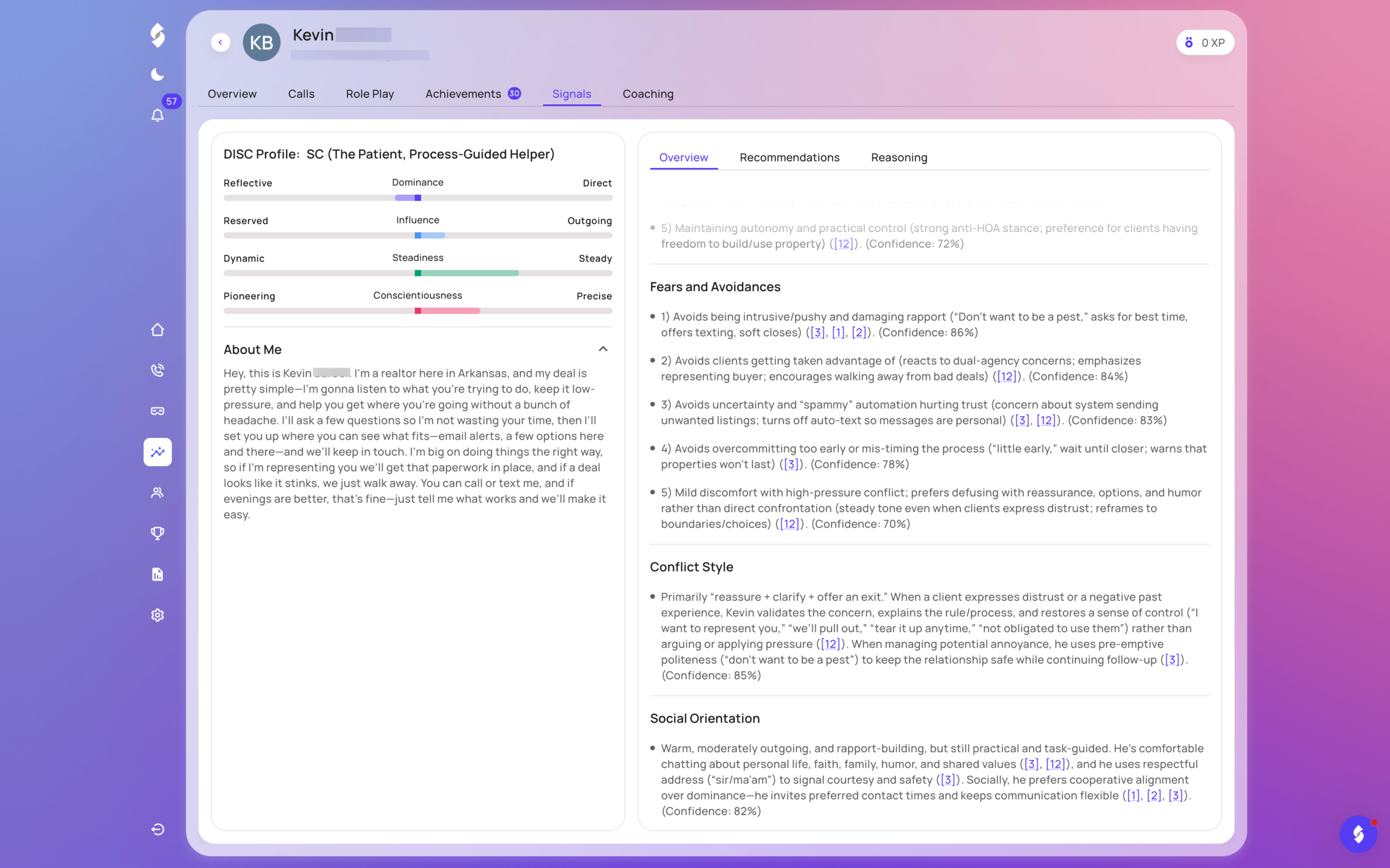 Shilo Signals personality insights including fears and avoidances, conflict style, and social orientation with evidence citations