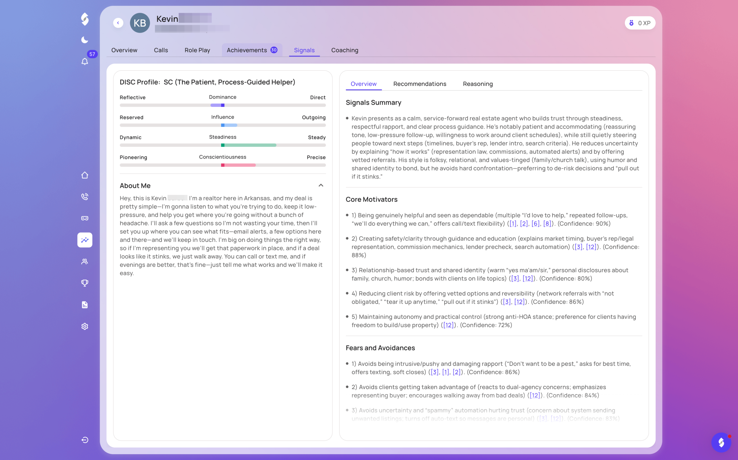 Shilo Signals overview showing DISC personality profile, trait spectrum bars, and core motivations with confidence scores