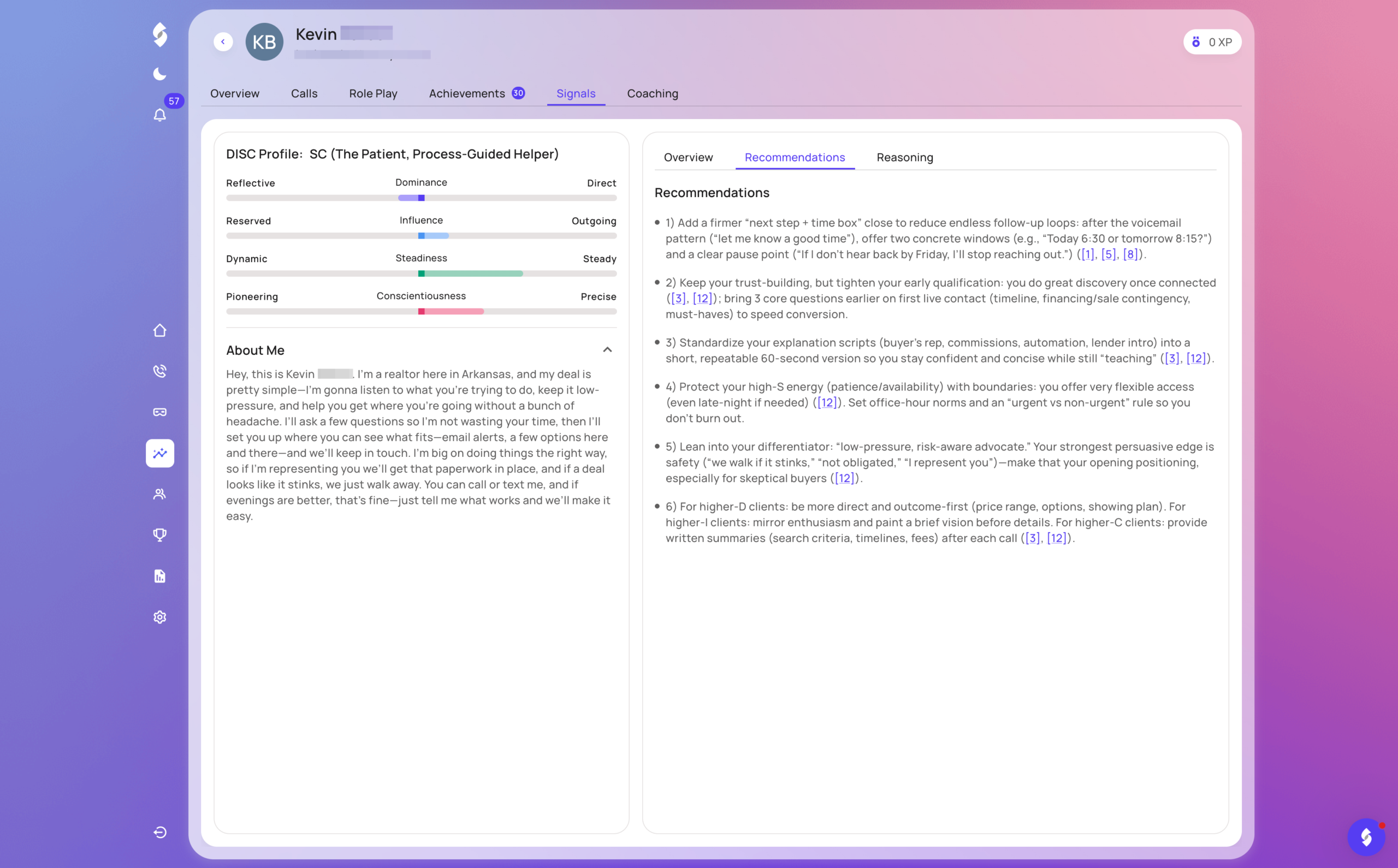 Shilo Signals personalized coaching recommendations tailored to an individual agent's DISC personality type